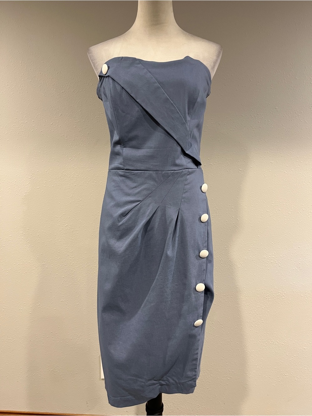 Strapless Slate Blue mini Dress with Button Details